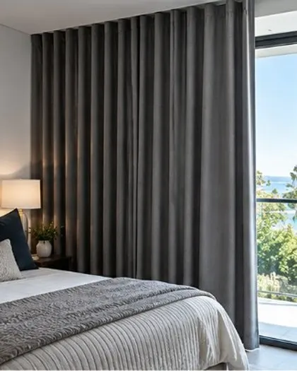 Charcoal curtains in a bedroom