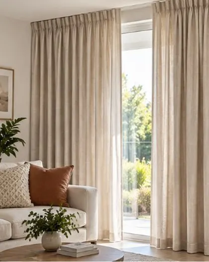 Beige pinch-pleat curtains in a living room
