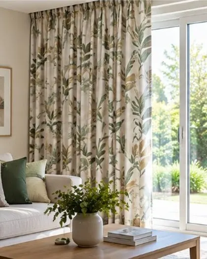 Leaf-print curtains in a living room