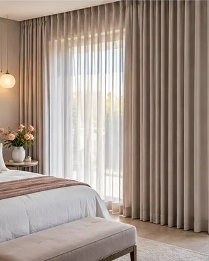 Layered sheer and blockout curtains in a bedroom