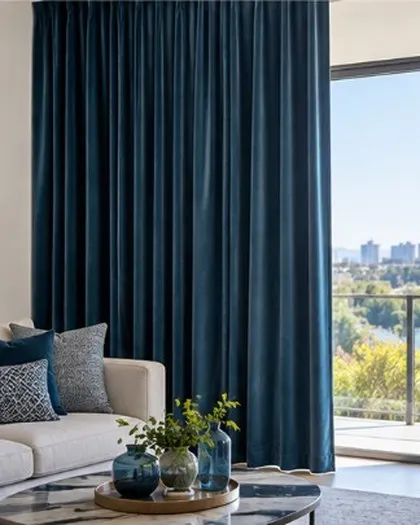 Navy curtains in a living room