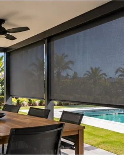 Sunscreen roller blinds overlooking a pool