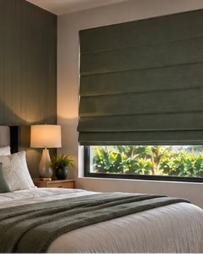 Olive Roman blinds in a bedroom