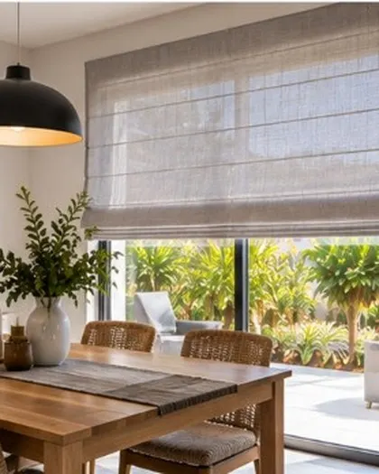 Natural Roman blinds in a dining room