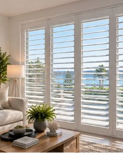 White plantation shutters in a coastal living room