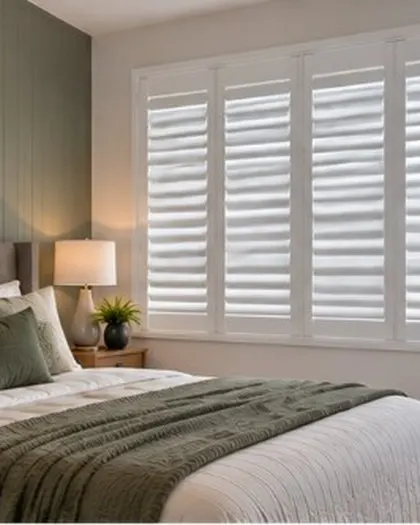 White plantation shutters in a bedroom