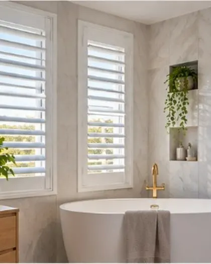 White plantation shutters in a bathroom