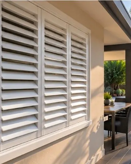 Exterior plantation shutters beside a patio