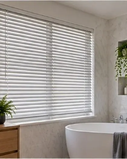 White Venetian blinds in a bathroom
