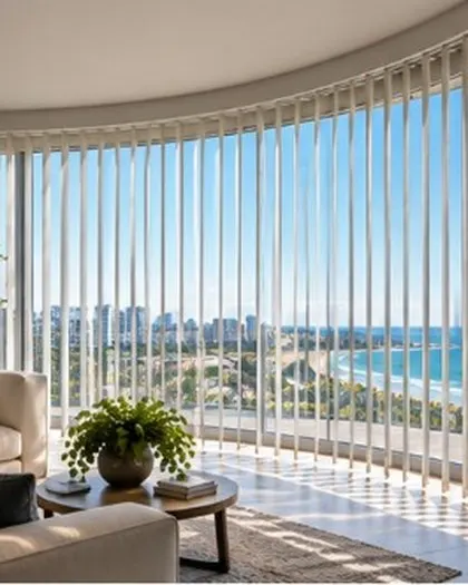White vertical blinds on a curved coastal window