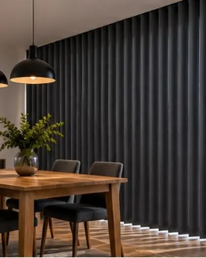 Charcoal vertical blinds in a dining room