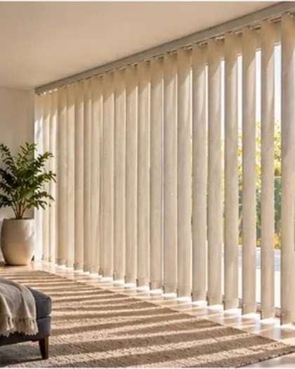 Cream vertical blinds stacked beside a sliding door