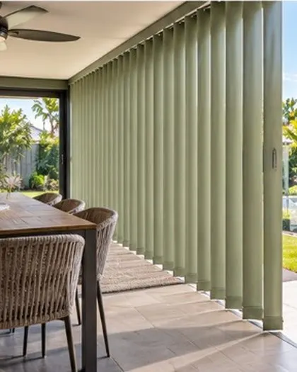 Sage vertical blinds opening to a garden