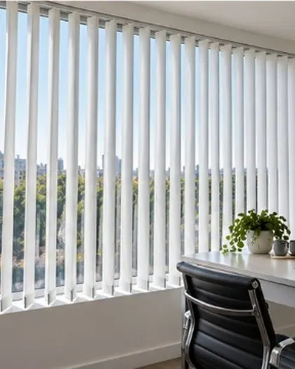 White vertical blinds in a home office